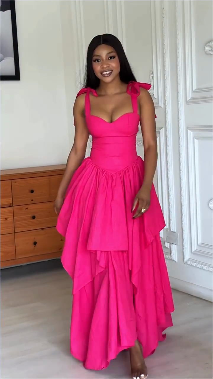 Hot Pink Tiered Ball Gown Maxi Dress