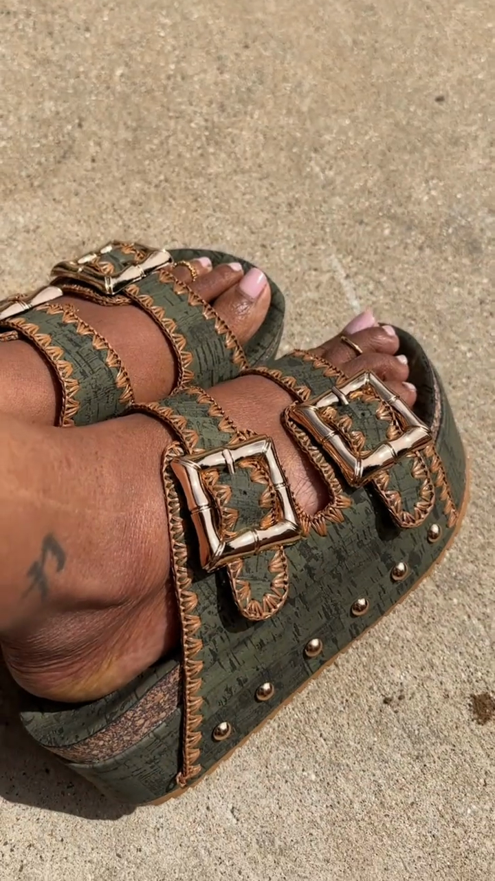 Olive Green Cork-Textured Platform Slide Sandals