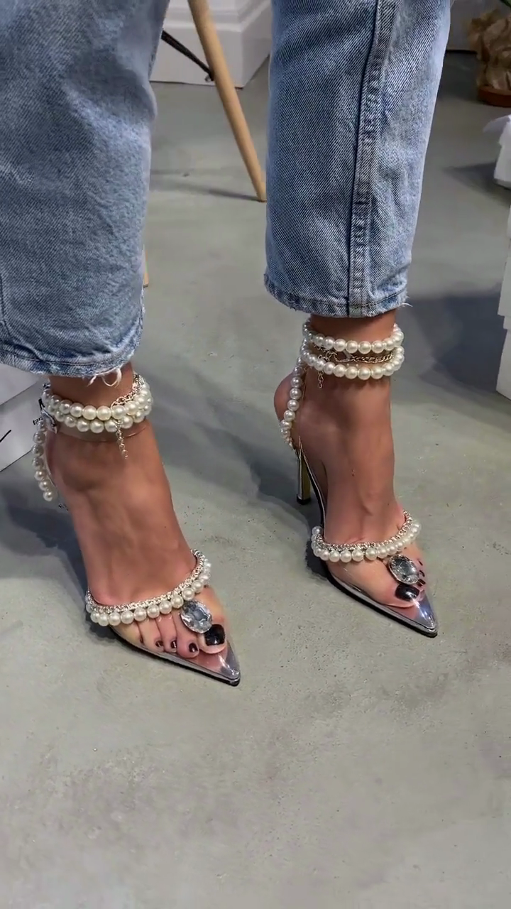 Clear PVC Pearl & Crystal Pointed-Toe Slingback Stiletto Heels