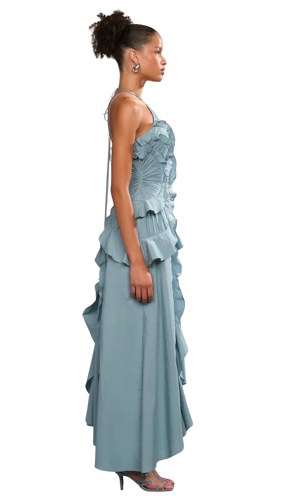 Dusty Blue Ruffled Halter Maxi Dress