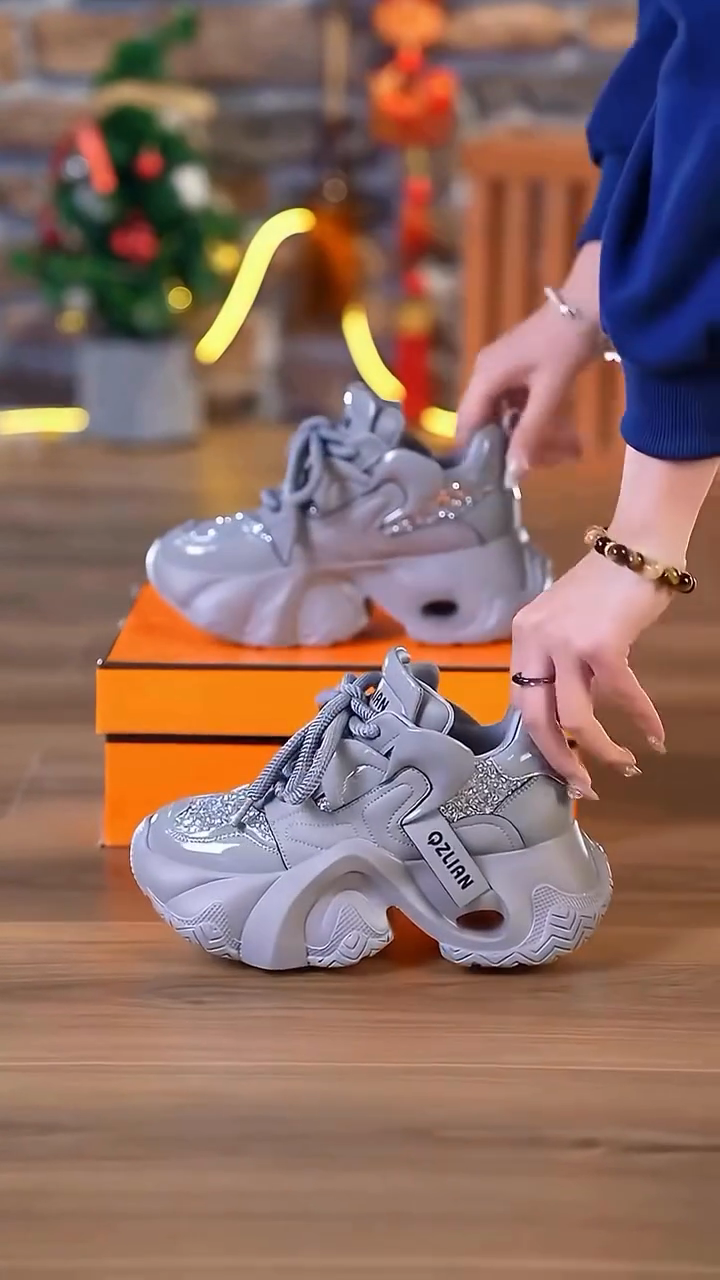 Grey Rhinestone-Embellished Chunky Sneakers