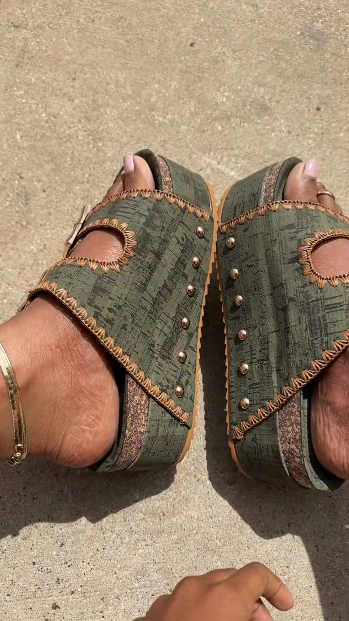Olive Green Cork-Textured Platform Slide Sandals