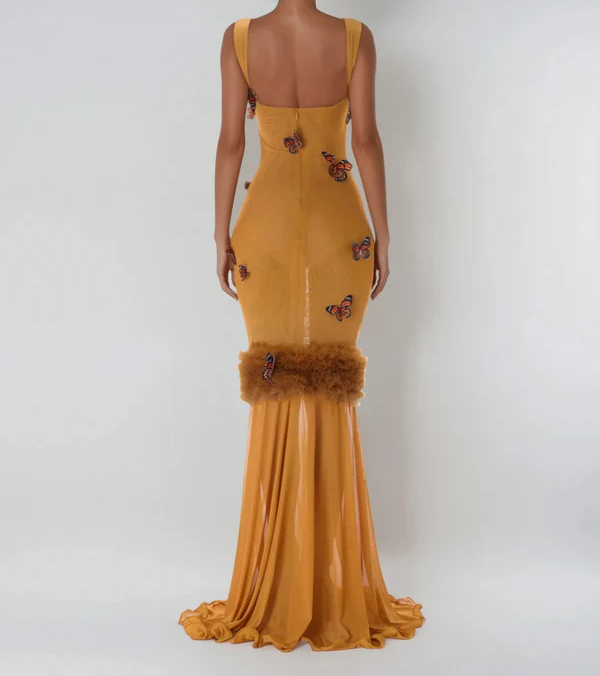 Mustard Butterfly Embellished Cutout Mermaid Gown
