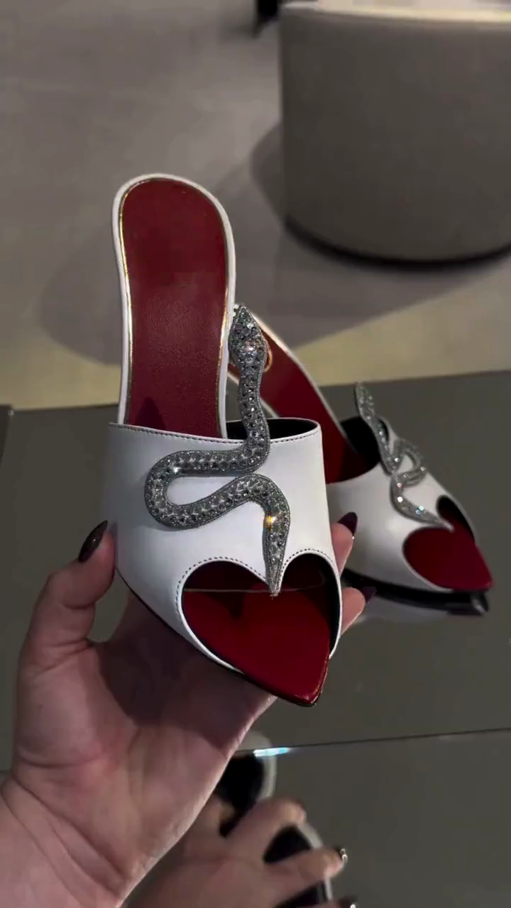 White Leather Crystal Snake Heart-Toe Mules