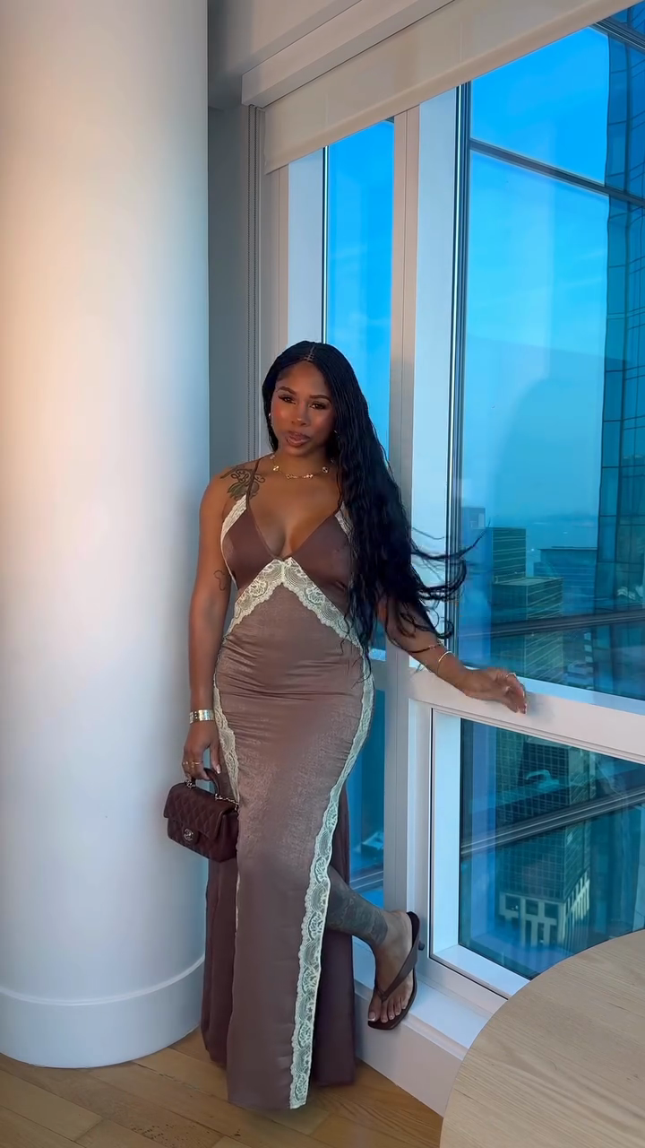 Mocha Satin Lace Trim Maxi Dress