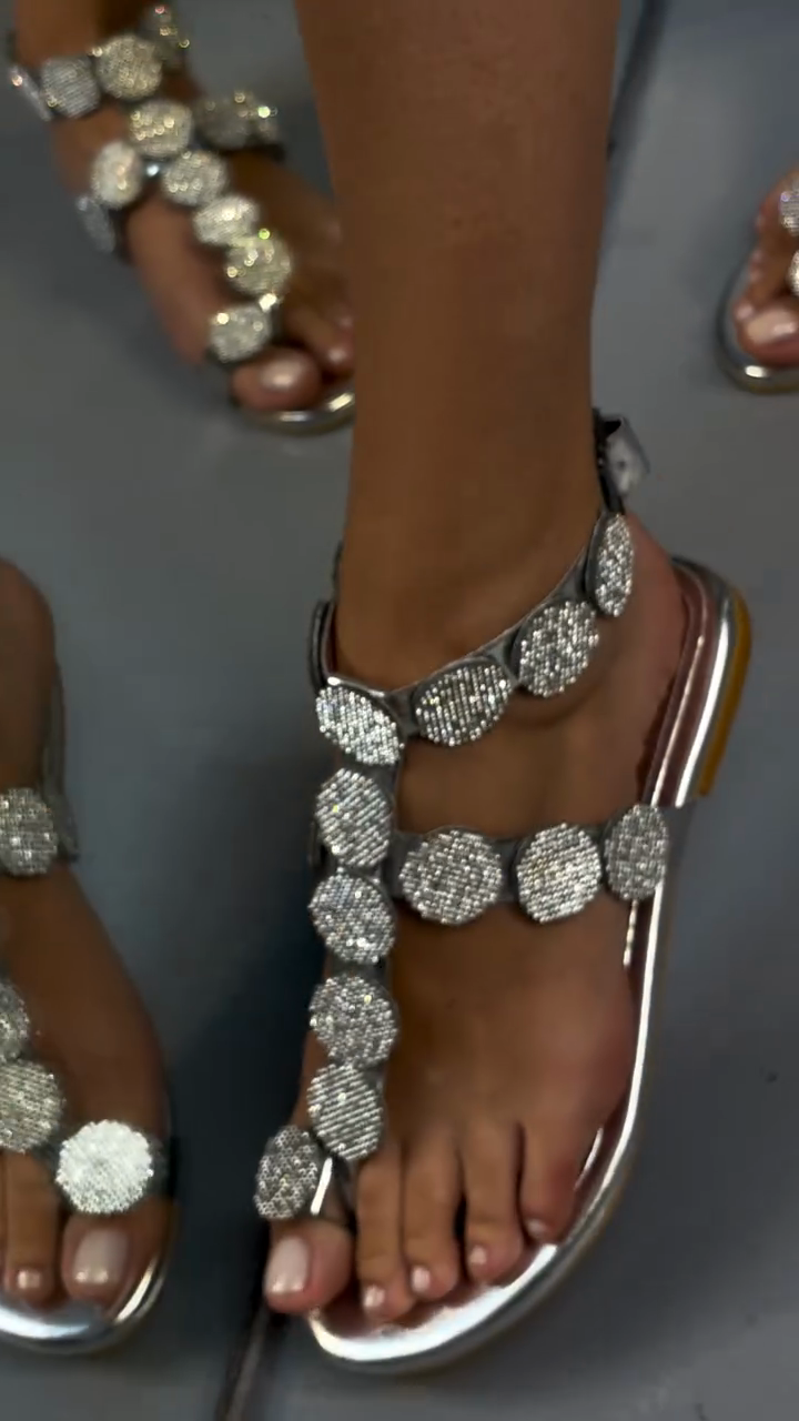 Silver Crystal-Embellished T-Strap Gladiator Flat Sandals