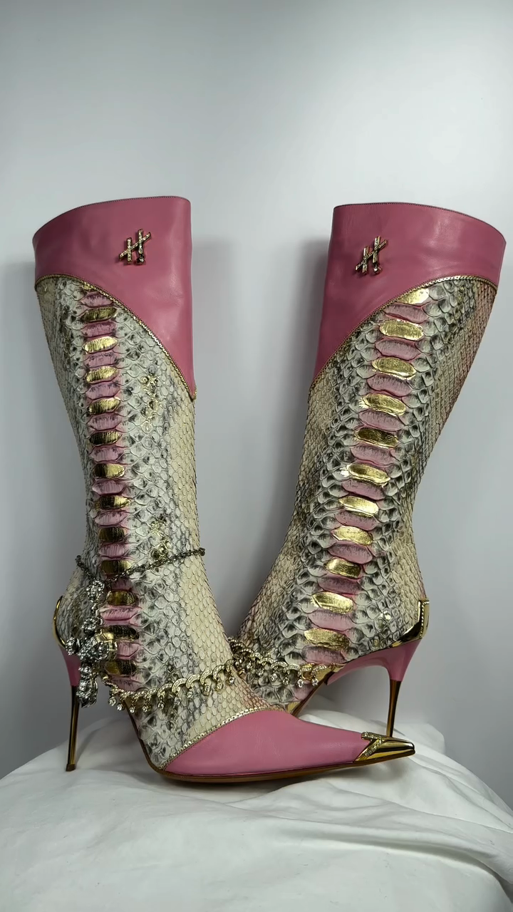 Luxury Python Snakeskin & Leather Crystal Embellished Knee-High Stiletto Boots