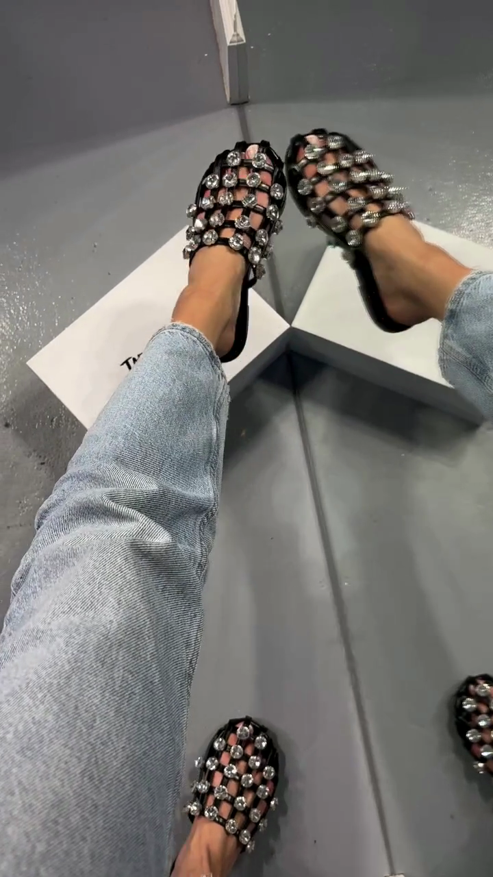 Black Crystal-Embellished Woven Slide Sandals