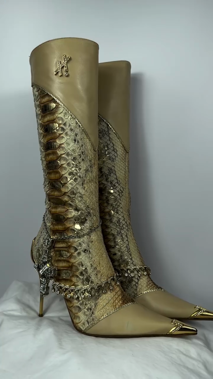 Luxury Python Snakeskin & Leather Crystal Embellished Knee-High Stiletto Boots