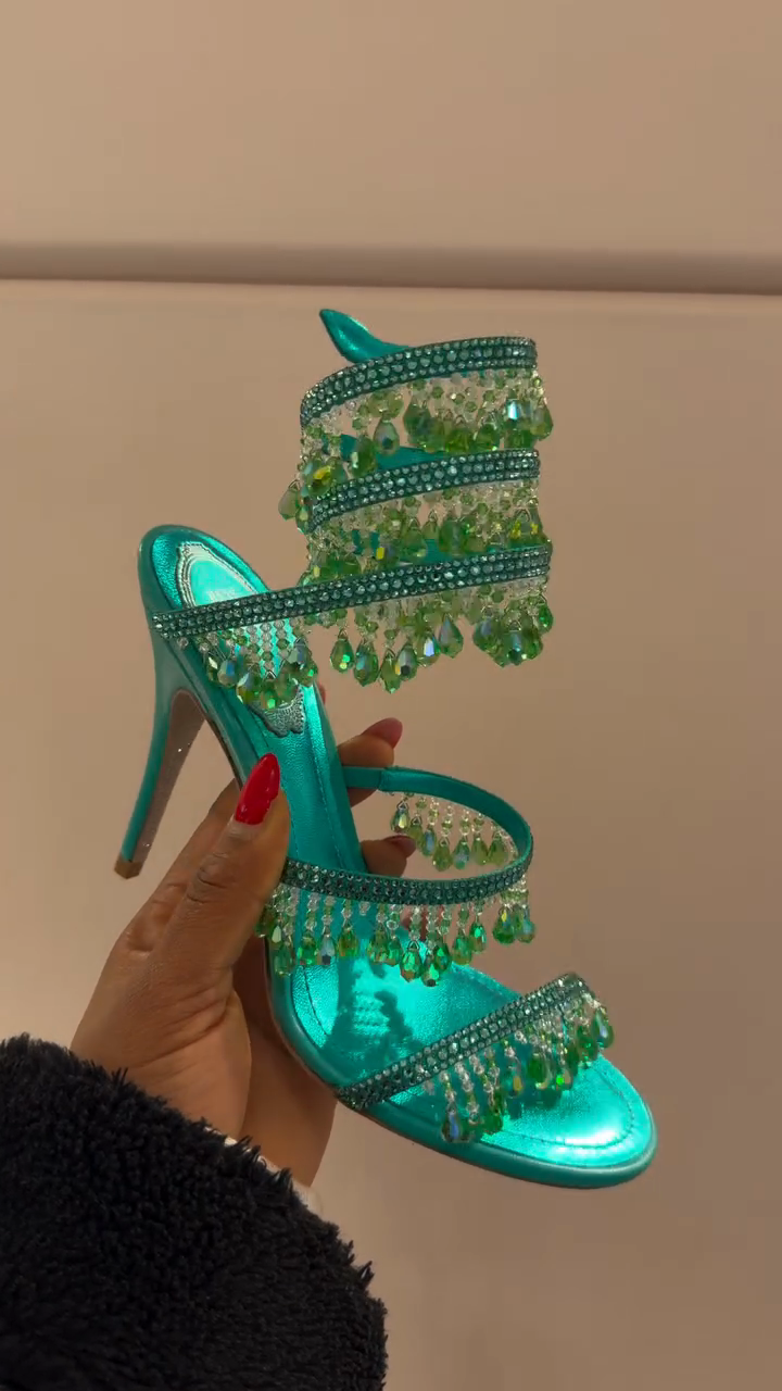 Turquoise Satin Green Crystal Tassel Multi-Strap Stiletto Heel Sandals