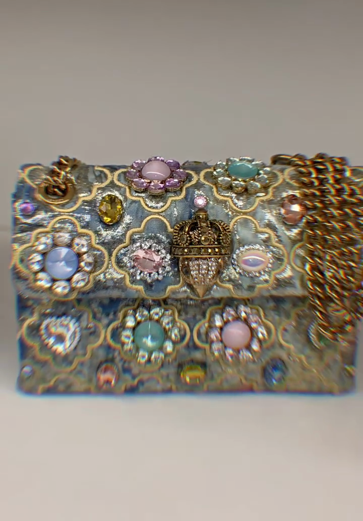 Vintage Blue Denim & Gold Crown Jeweled Embellished Crossbody Bag