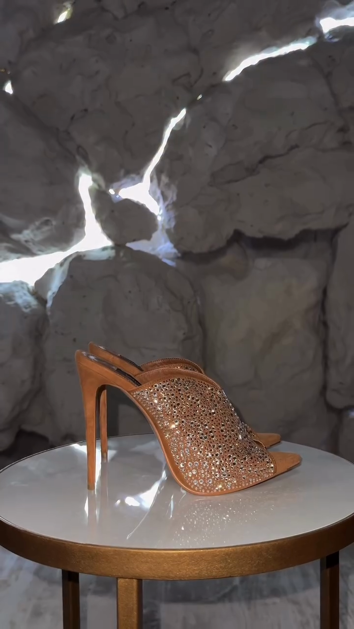 Nude Crystal Sculptural Wedge Slide Sandals
