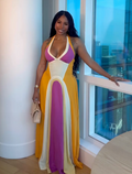 Purple-Yellow Color Block Halter Maxi Dress