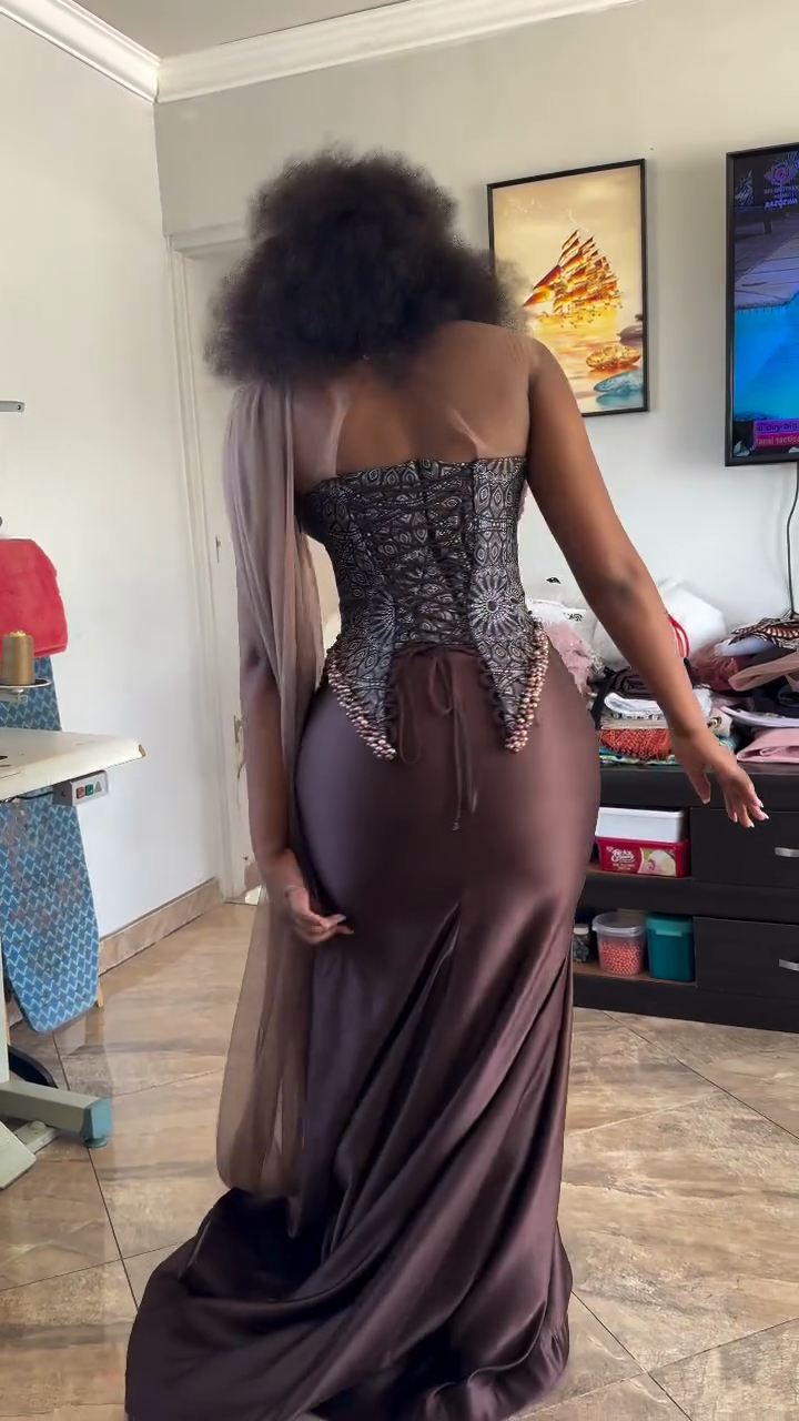 Brown Beaded Corset Satin Gown