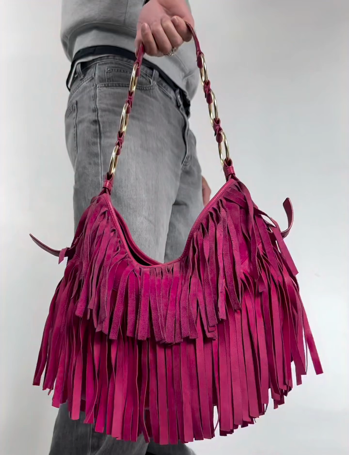 Magenta Leather Fringe Hobo Bag