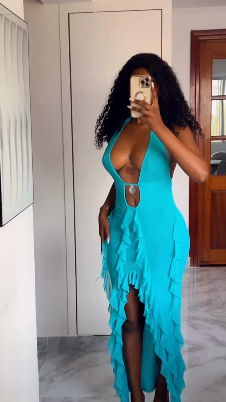 Turquoise Halter Ruffle Cutout Maxi Dress
