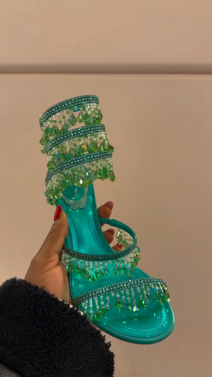 Turquoise Satin Green Crystal Tassel Multi-Strap Stiletto Heel Sandals