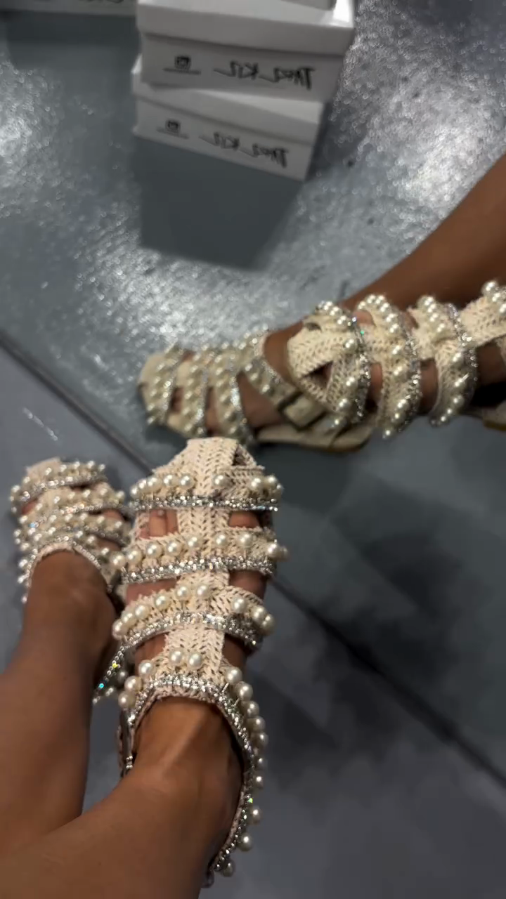 Beige Woven Pearl & Crystal Fisherman Sandals