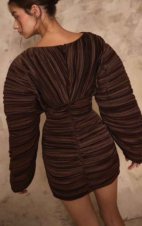 Chocolate Plisse Puff Sleeve Mini Dress
