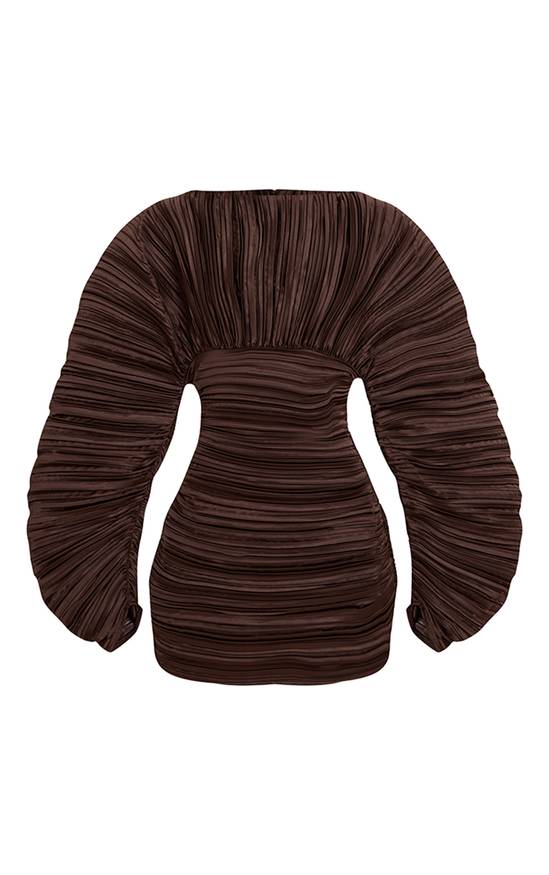 Chocolate Plisse Puff Sleeve Mini Dress