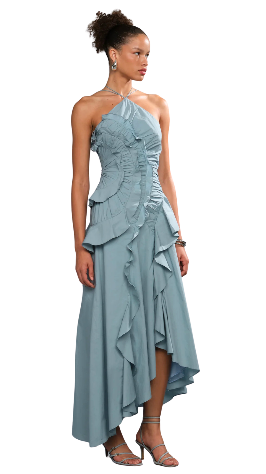Dusty Blue Ruffled Halter Maxi Dress