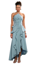 Dusty Blue Ruffled Halter Maxi Dress