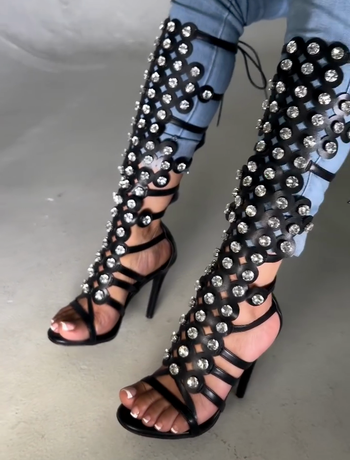 Black Leather Clear Crystal Circle Cutout Gladiator Knee-High Stiletto Boots