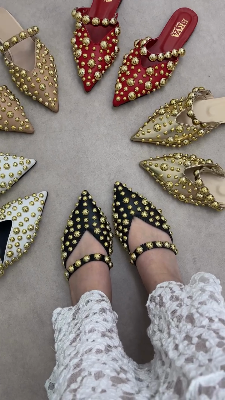 Gold Studded Pointed-Toe Mule Sandals