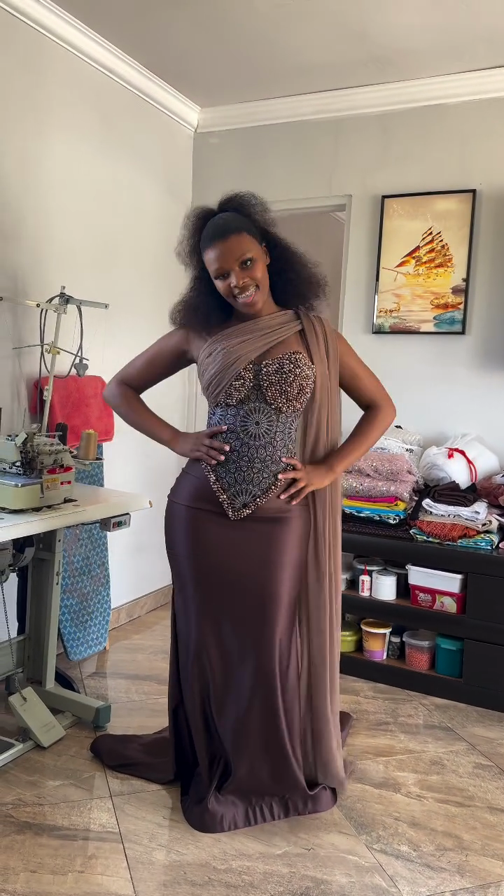 Brown Beaded Corset Satin Gown