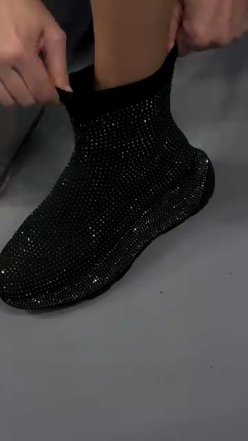 Black Full Crystal Embellished Sock Sneaker Boots