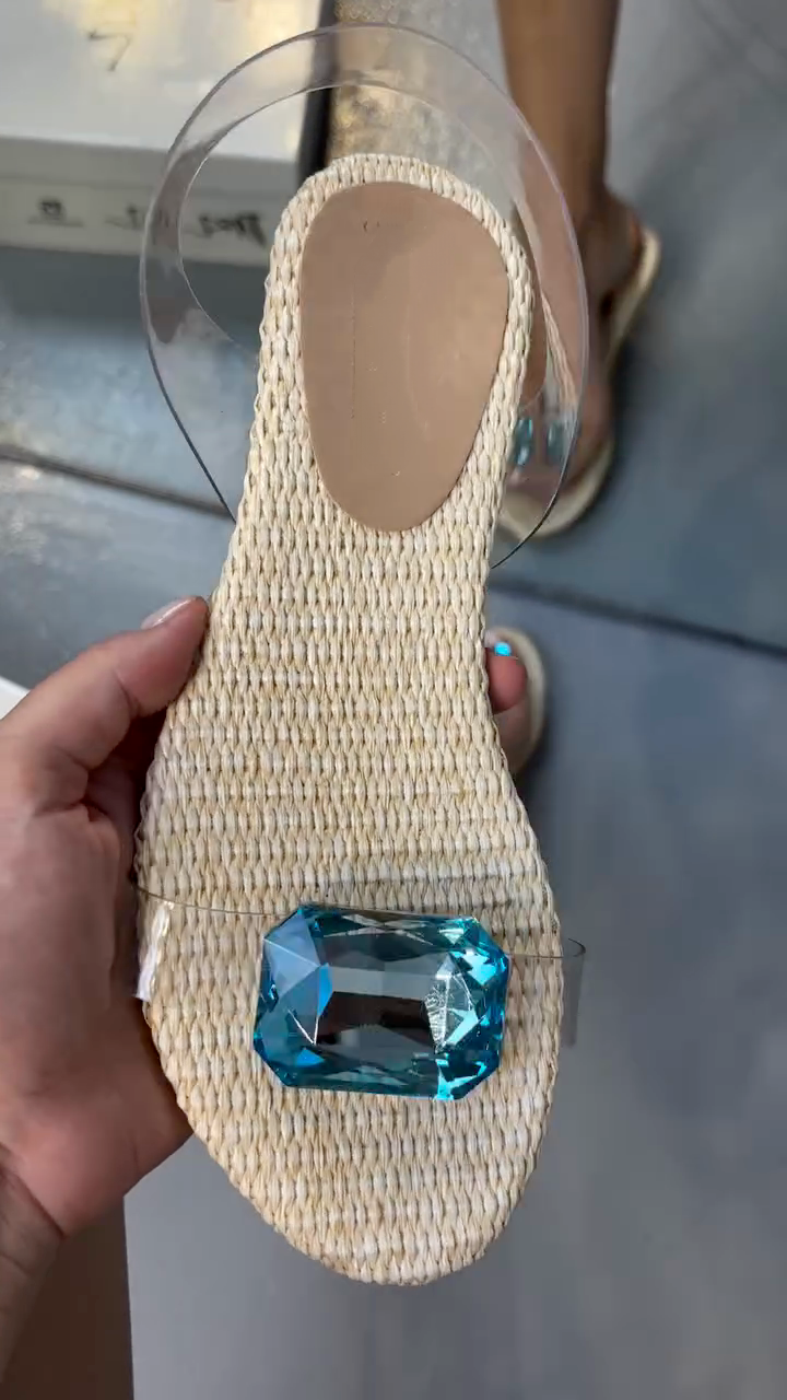 Raffia & Blue Gem Embellished Slide Sandals