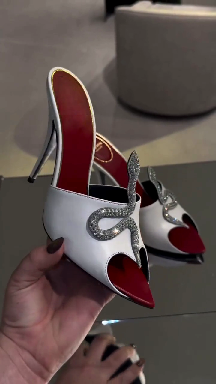 White Leather Crystal Snake Heart-Toe Mules