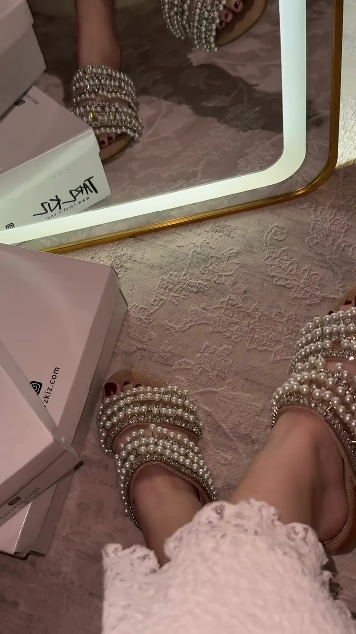 Nude Mesh Multi-Tier Pearl & Crystal Embellished Flat Sandals