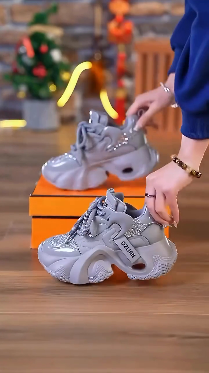 Grey Rhinestone-Embellished Chunky Sneakers