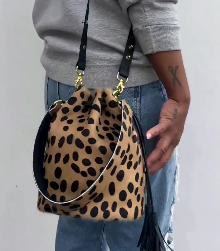 Leopard Print Hair-On Cowhide Drawstring Bucket Bag