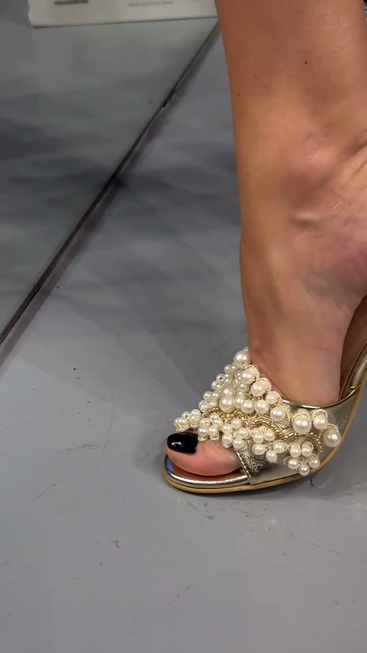 Gold Metallic Pearl-Embellished Stiletto Mules