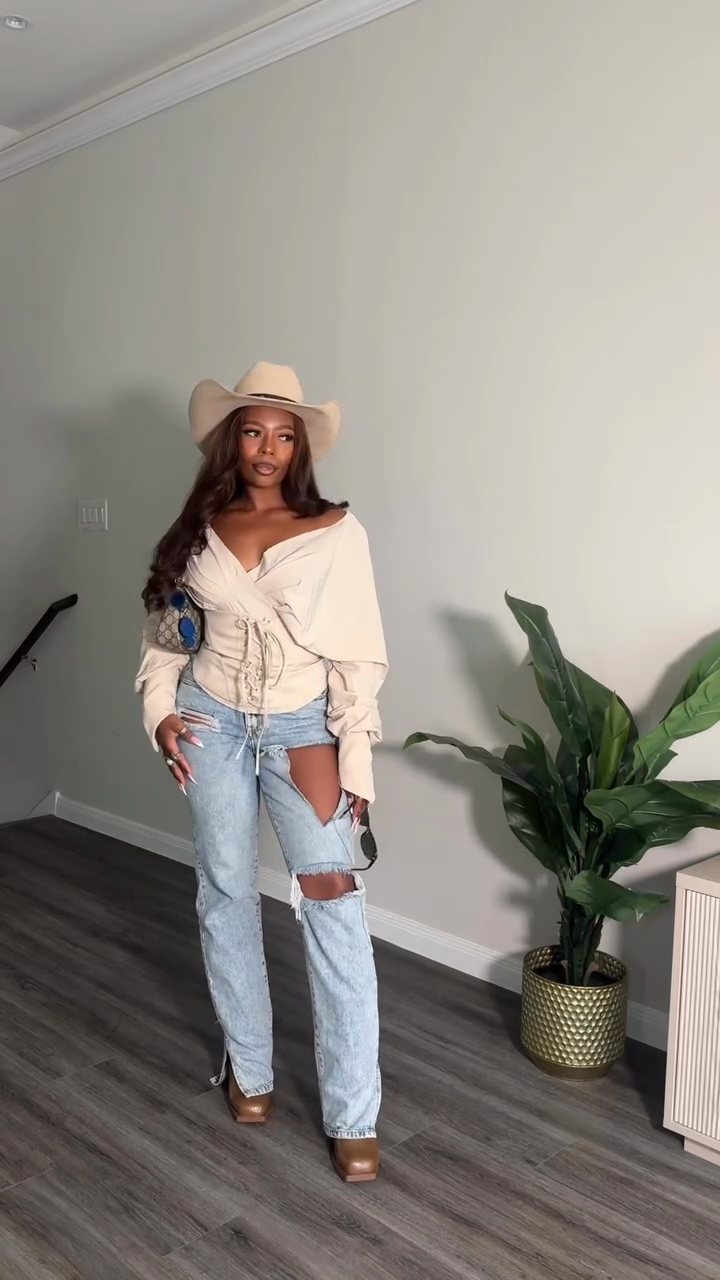 Cream Off-Shoulder Corset Top + Light Wash Distressed Split-Hem Jeans Set