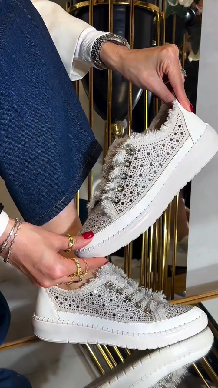 Rhinestone Fringe White Slip-On Sneakers