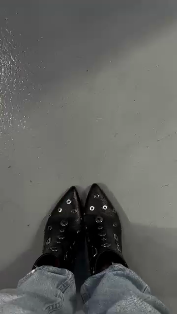 Black Pebbled Leather Silver Eyelet Pointed-Toe Block Heel Ankle Boots