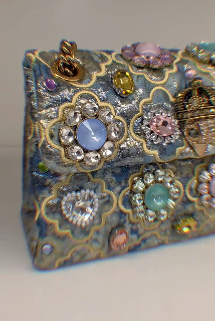 Vintage Blue Denim & Gold Crown Jeweled Embellished Crossbody Bag