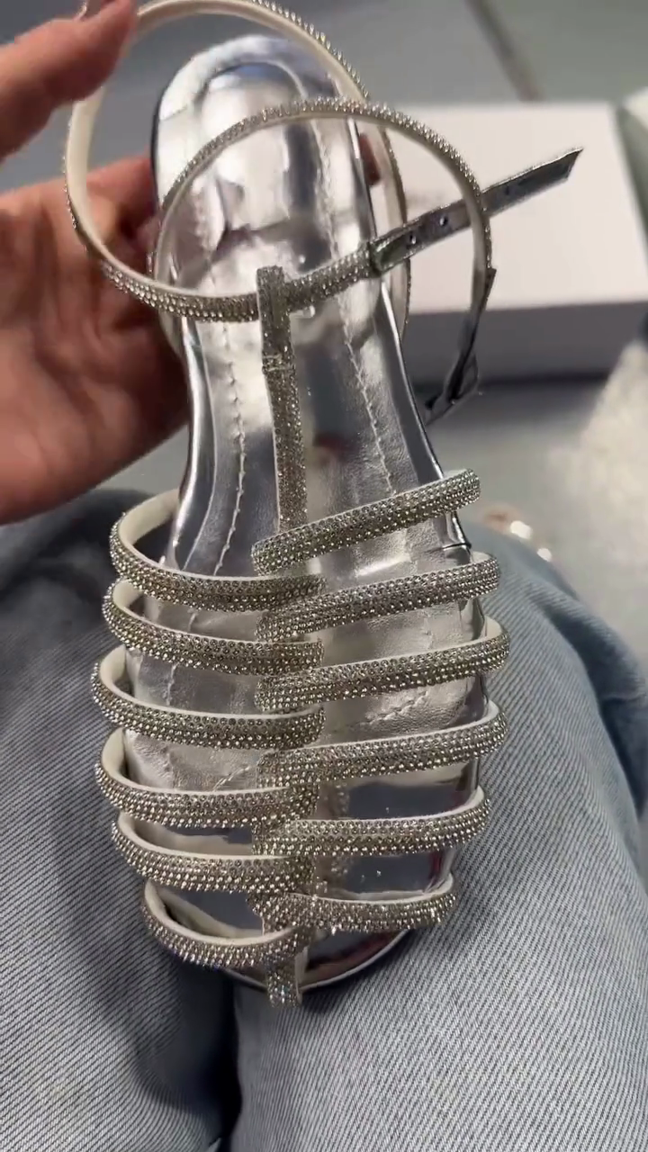 Silver Rhinestone-Embellished Caged Flat Sandals