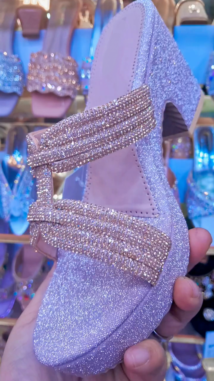 Pink Glitter Crystal Bow Flat Slide Sandals