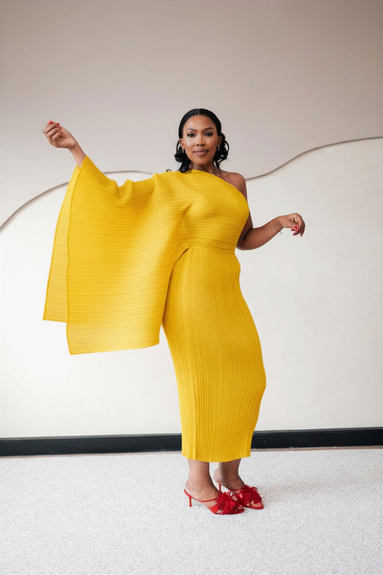 Pleated One-Shoulder Midi Dress