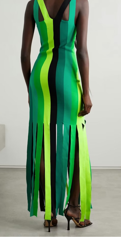Green Striped Fringe Hem Bandage Maxi Dress