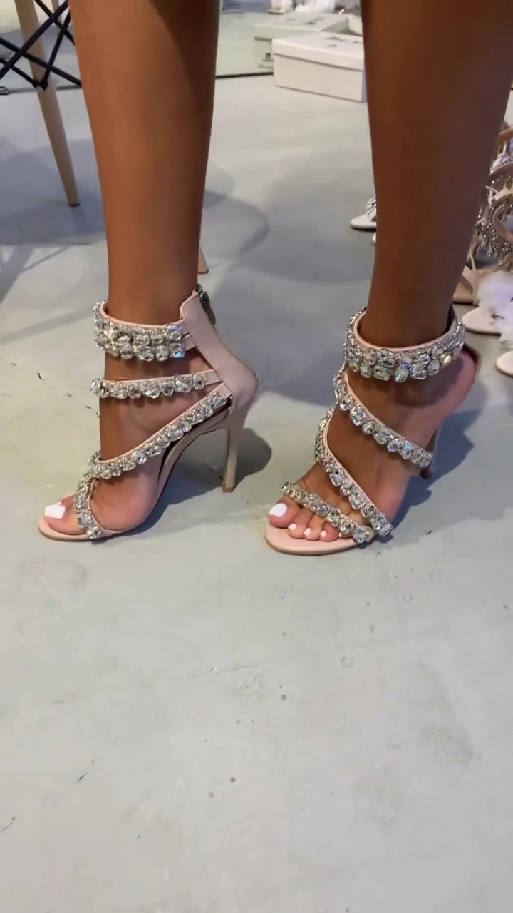 Blush Pink Crystal Embellished Multi-Strap Stiletto Heel Sandals