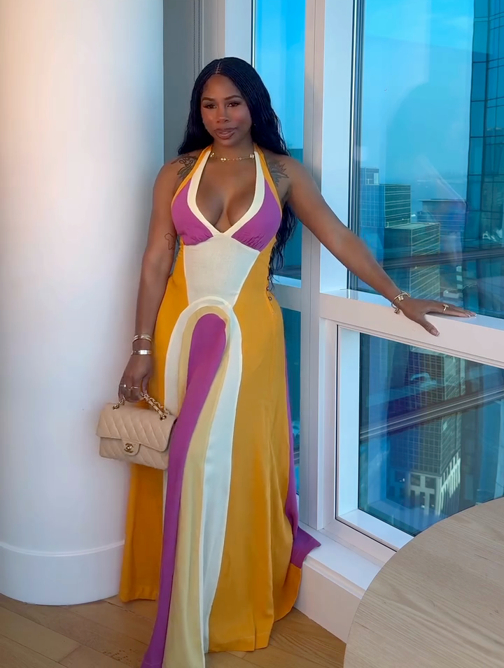 Purple-Yellow Color Block Halter Maxi Dress