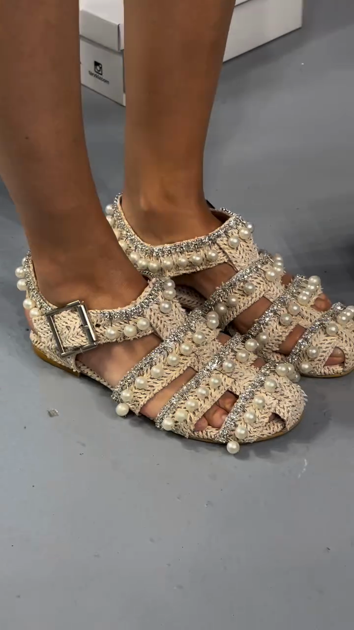 Beige Woven Pearl & Crystal Fisherman Sandals