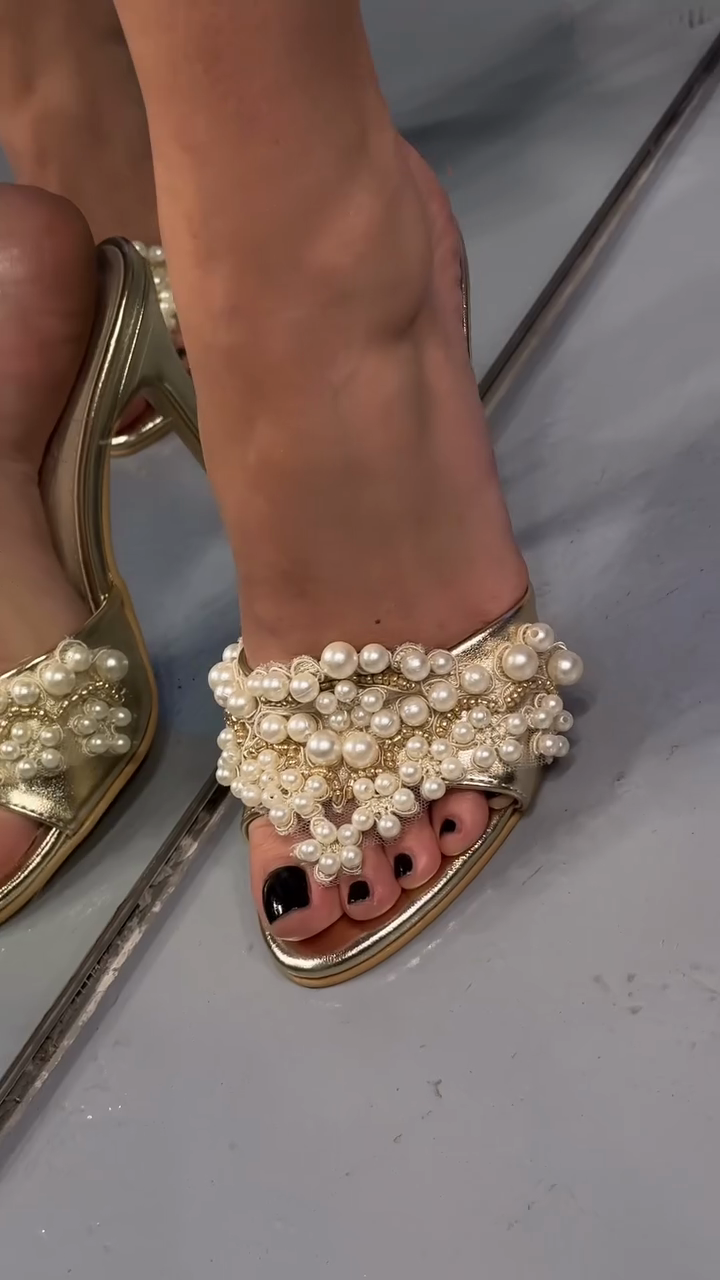 Gold Metallic Pearl-Embellished Stiletto Mules