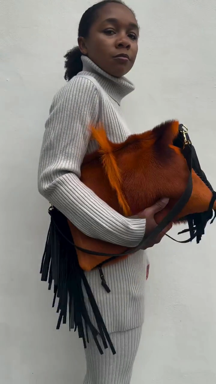 Orange Cowhide Fringe Clutch Bag