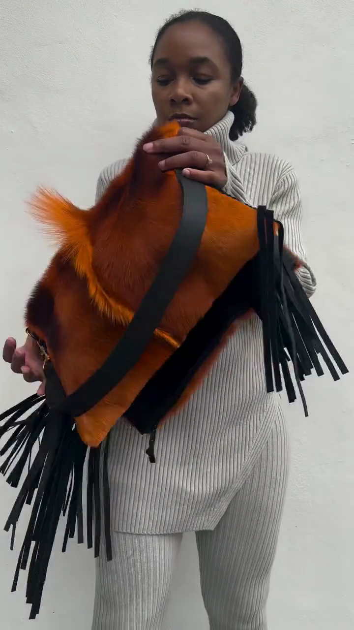 Orange Cowhide Fringe Clutch Bag